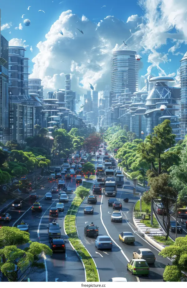 Futuristic Cityscape with Trees and Cars