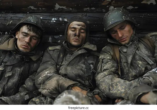 Three soldiers sleeping in a foxhole