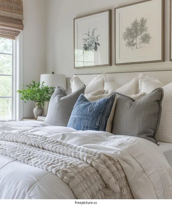 Neutral Master Bedroom with Botanical Prints and White Bedding
