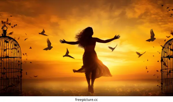 A woman is released from a cage and soars into the sky with birds