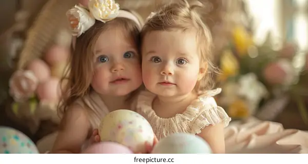 Two Adorable Babies with Easter Eggs