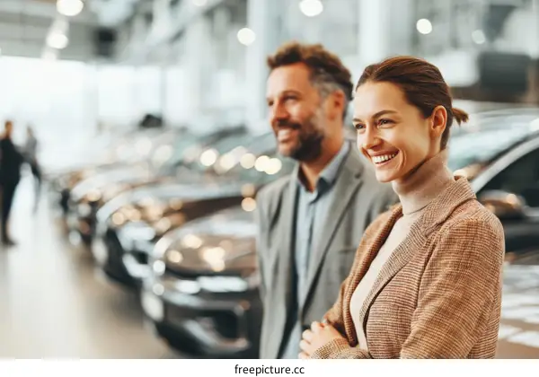 Happy Couple Browsing Cars in a Showroom