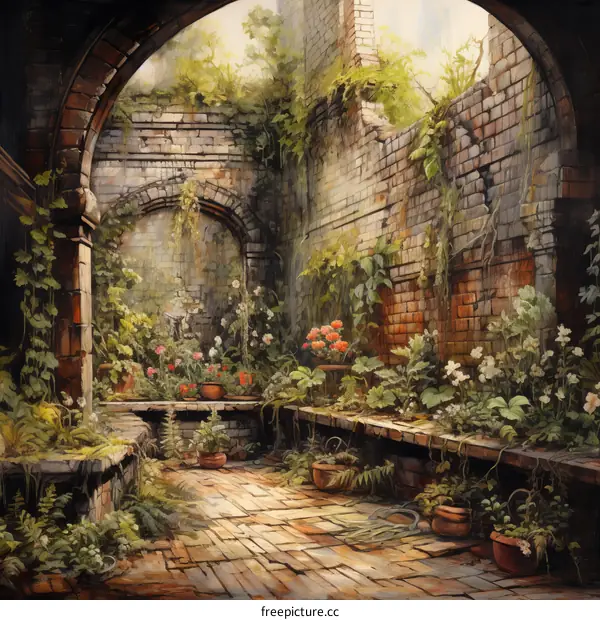 Overgrown Courtyard with Plants and Flowers
