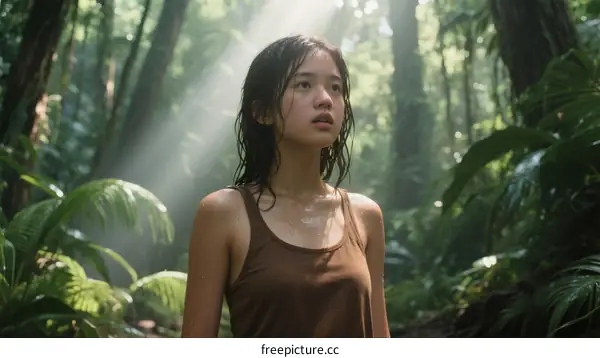 Young Asian Woman Standing in Dense Rainforest with Sunlight