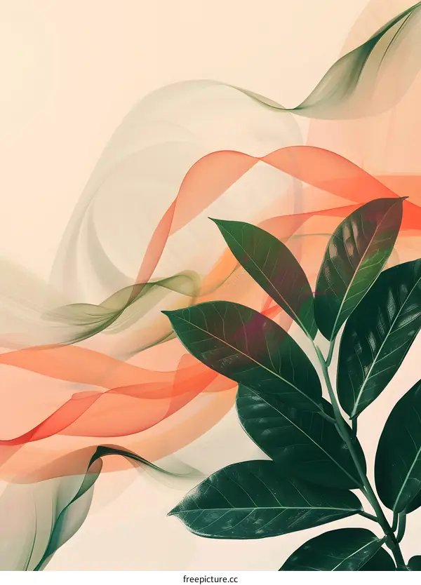 Abstract Green Leaves With Orange and Green Wavy Lines