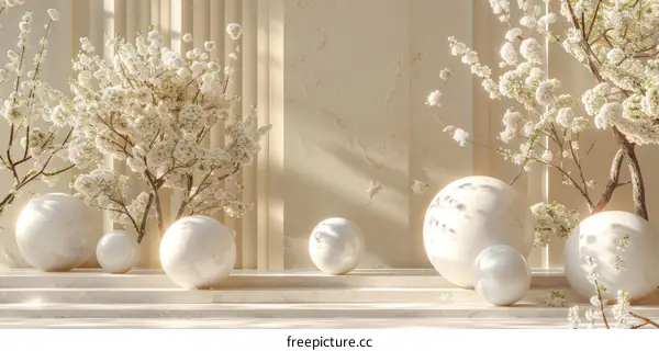 3D rendering of a minimalist scene with cherry blossoms and spheres