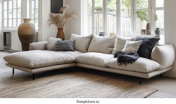 Modern Beige Sectional Sofa in a Light Filled Living Room