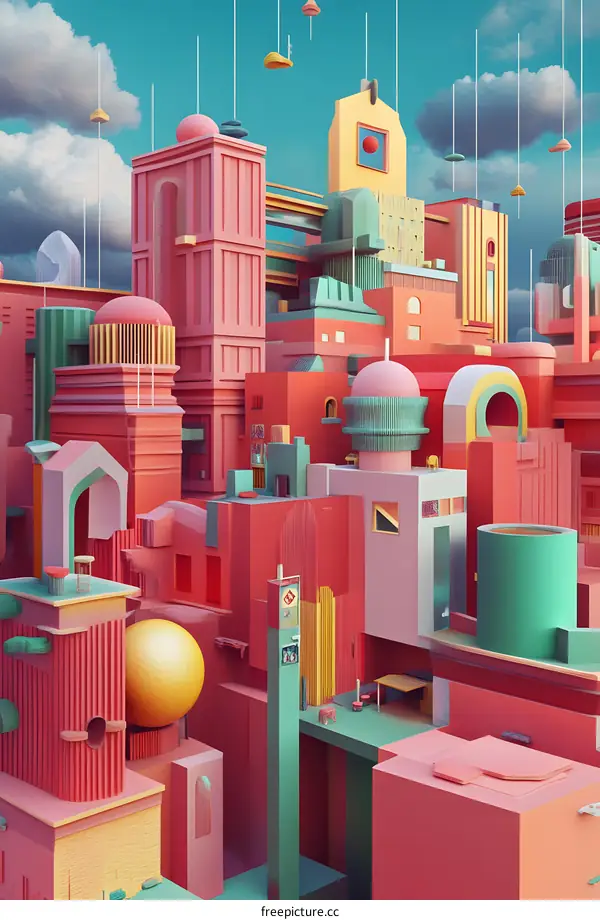 Abstract Cityscape Illustration with Geometric Shapes and Bright Colors