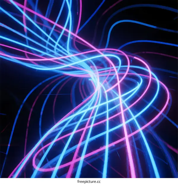 Neon Light Streams Curving and Twisting in Dark Background