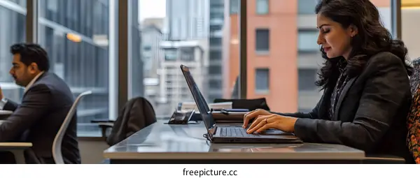 Businesswoman Working on Laptop in Modern Office with City View