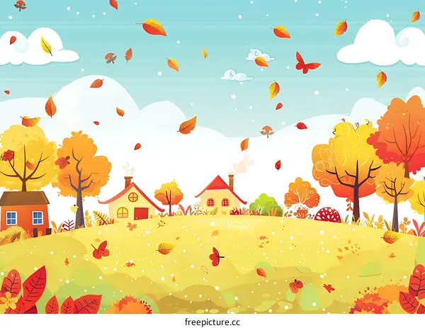 Autumn Landscape with Falling Leaves and Houses