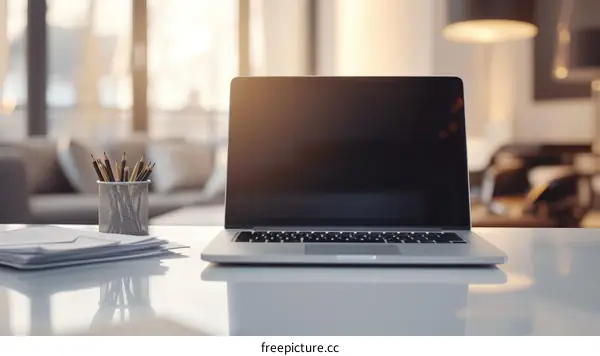 A desk with a laptop, pencils, and papers on it.