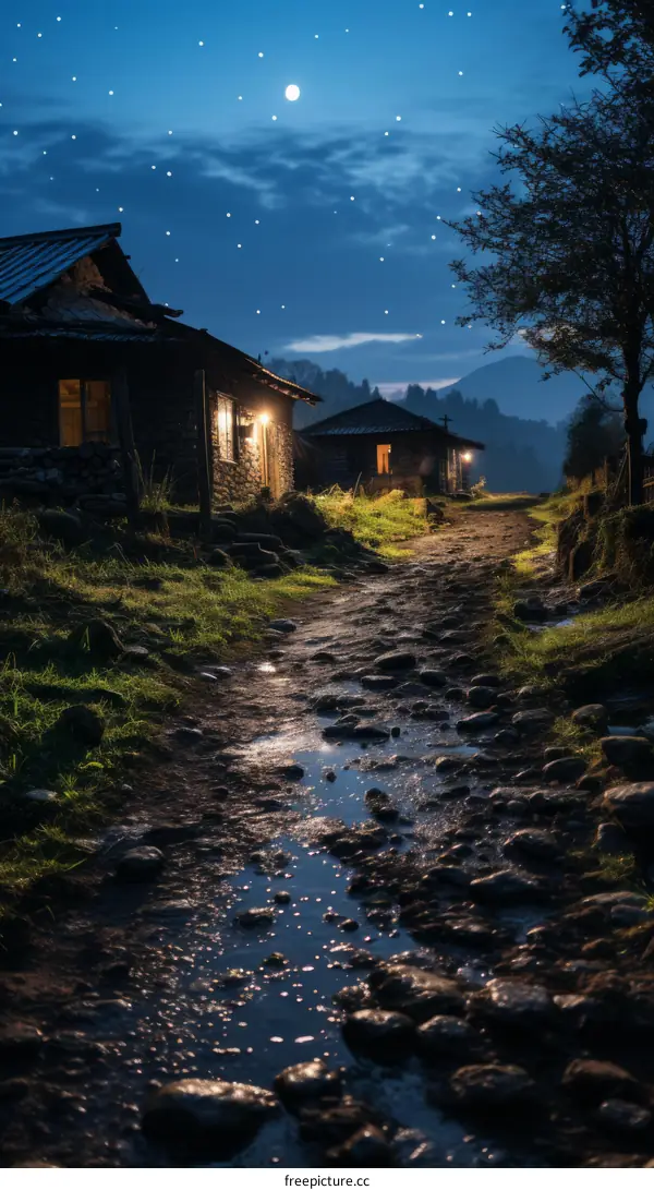Illuminated Rural Village Path on a Misty Night