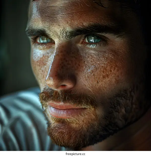 Close Up Portrait Of Man With Freckles And Blue Eyes