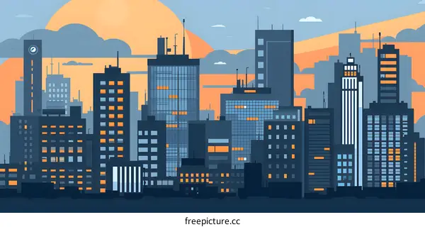 Modern Cityscape Illustration with Tall Buildings and Sunset