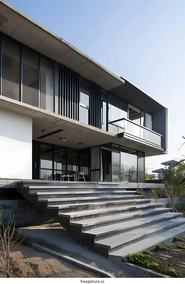 Modern Concrete House with Stairs and Patio
