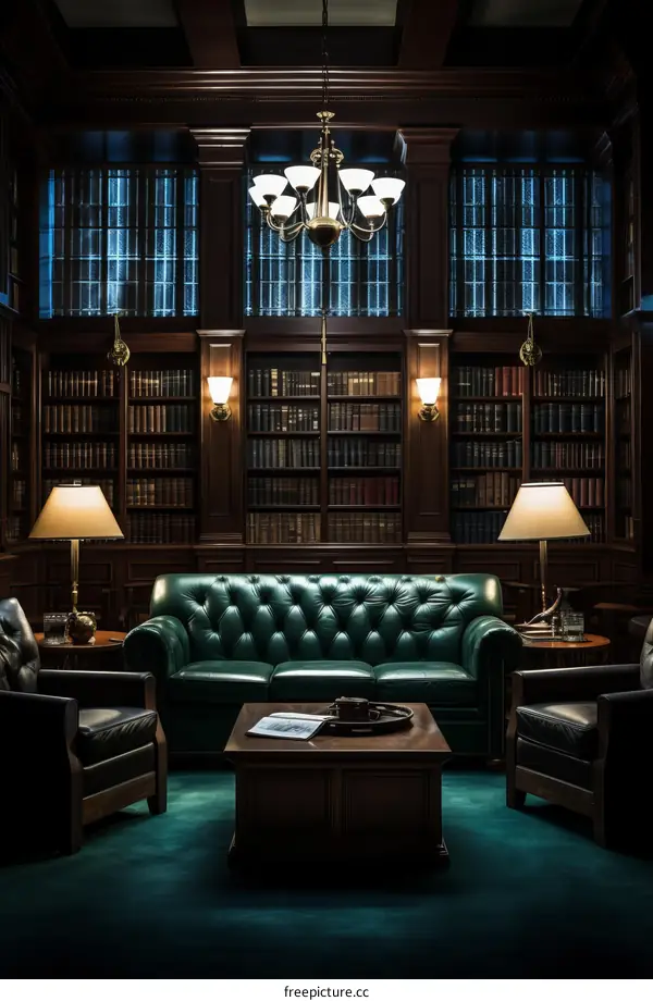 Luxurious library with green leather furniture
