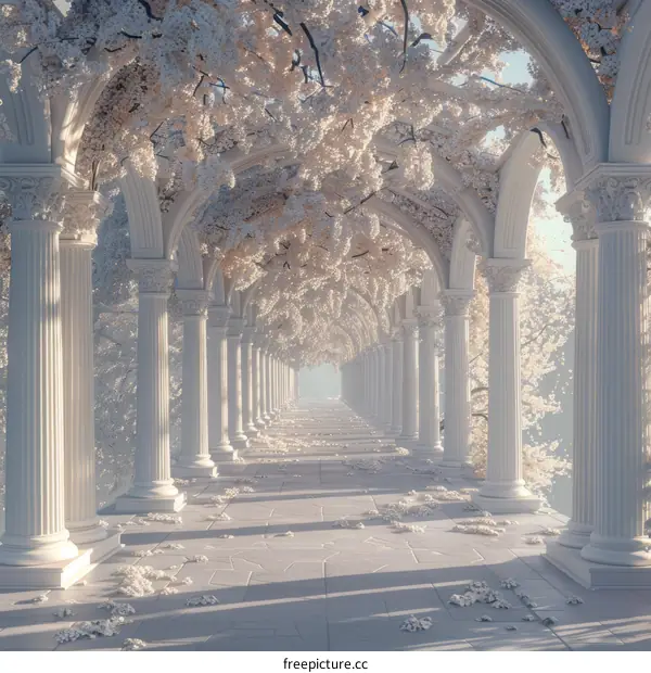 Elegant White Colonnade with Blossoms