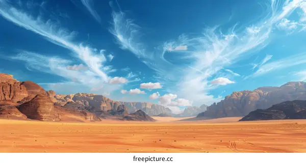 Arid Desert Landscape with Mountains and Blue Sky