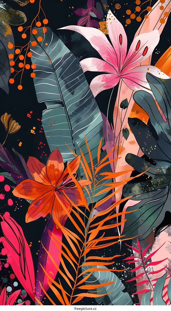 Tropical Floral Illustration With Orange Flowers And Leaves
