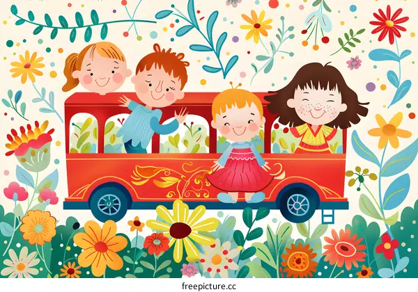 Colorful Bus With Happy Kids Illustration