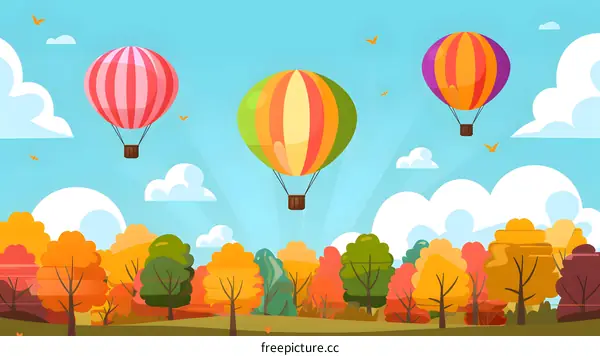 Colorful Hot Air Balloons Flying Over Autumn Forest Landscape