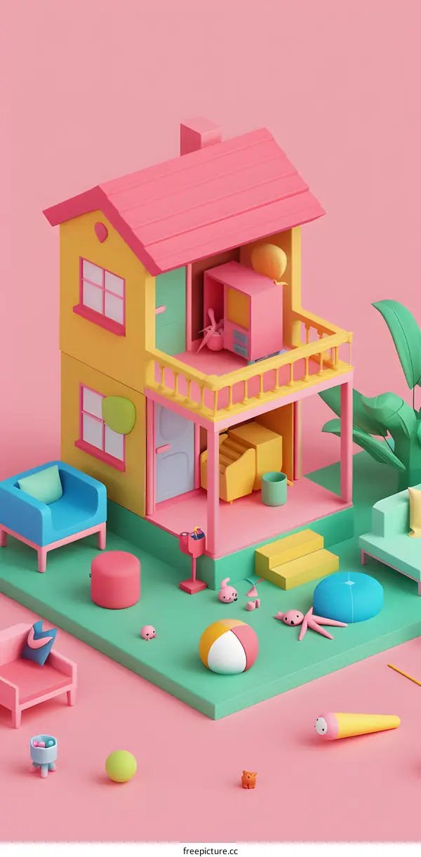 3D Rendered Cartoon House With Pink Yellow And Green Colors