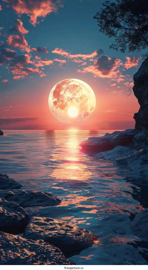Captivating Reflection of the Crimson Moon over the Expansive Sea