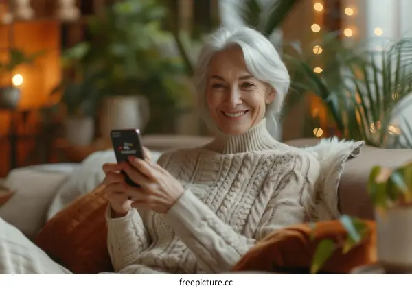 A smiling elderly woman is sitting on a sofa and using a smartphone.
