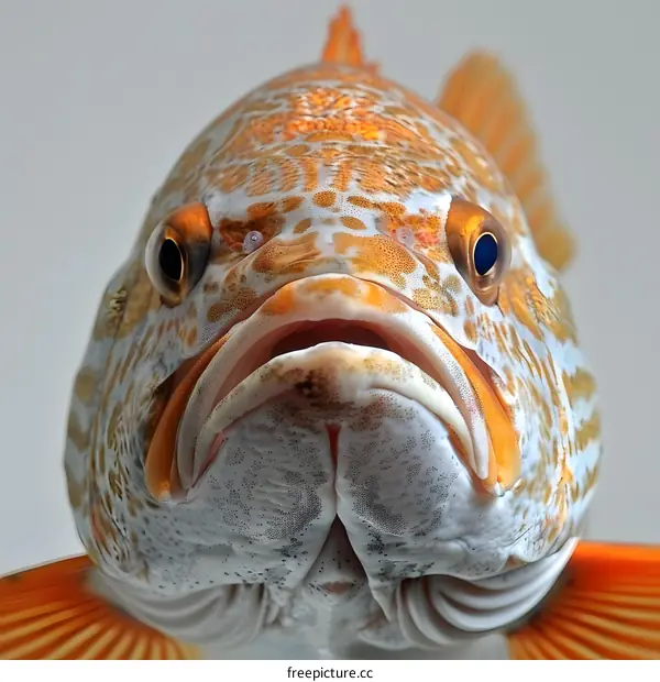 A close-up of a fish with orange and white scales