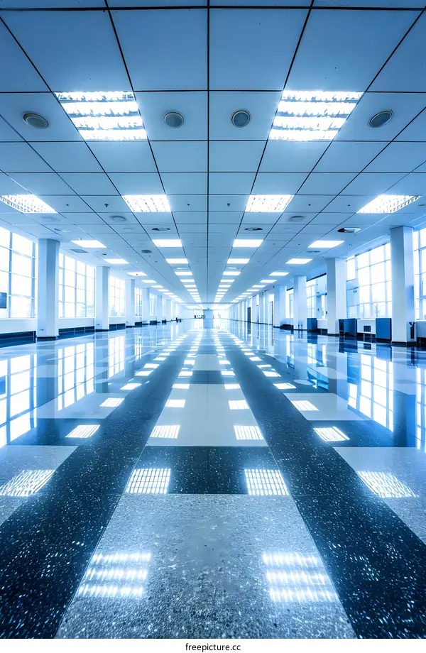 Modern Office Interior Design with Bright Lights and Polished Floor