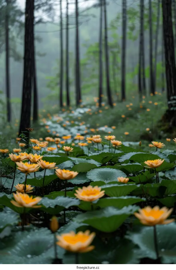 Yellow flowers and green leaves in the rain