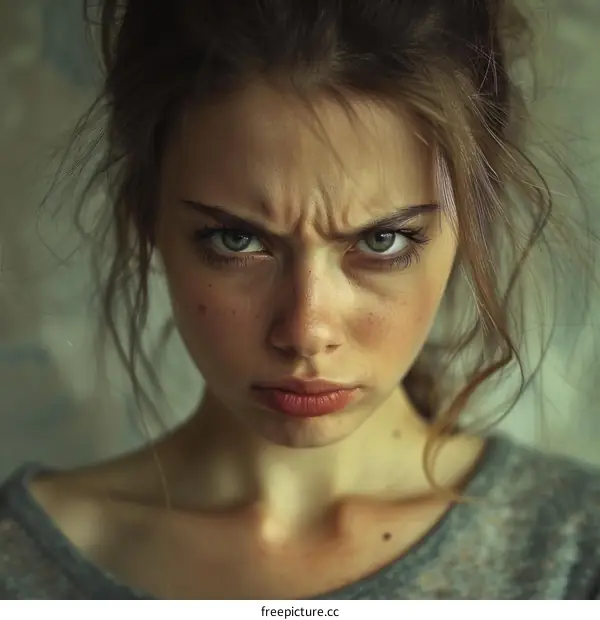 Closeup Portrait of a Caucasian Woman with an Angry Expression