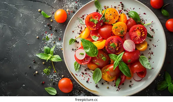 A plate of colorful tomatoes, basil, and spices