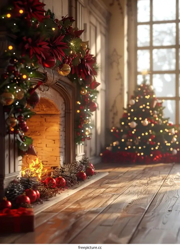 Christmas Tree Decorated by the Fireplace