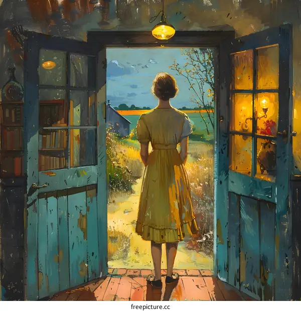 A woman standing in a doorway looking out at a field