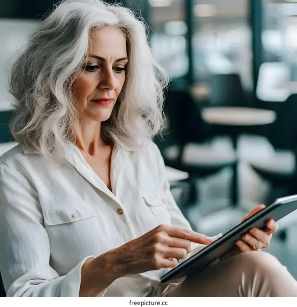 Senior Woman Using Tablet in Modern Office