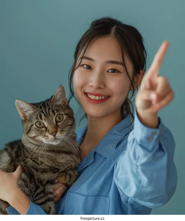 A young Asian woman is holding a cat and pointing at something