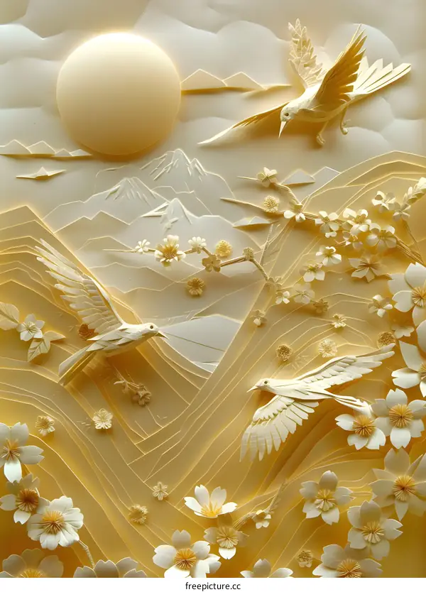 birds flying over mountains and flowers