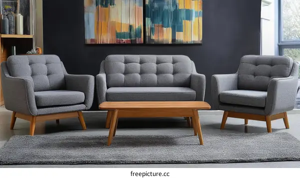 Mid-Century Modern Gray Fabric Sofa Set