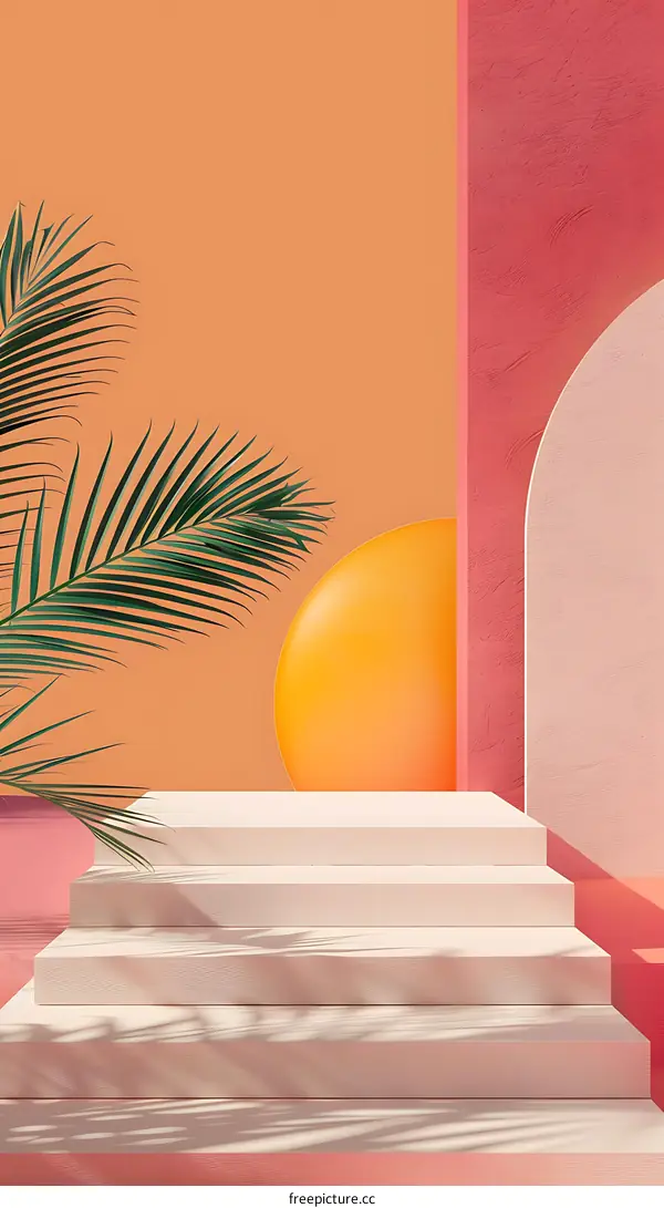 Minimalist Abstract Summer Background with Palm Leaves and Geometric Shapes