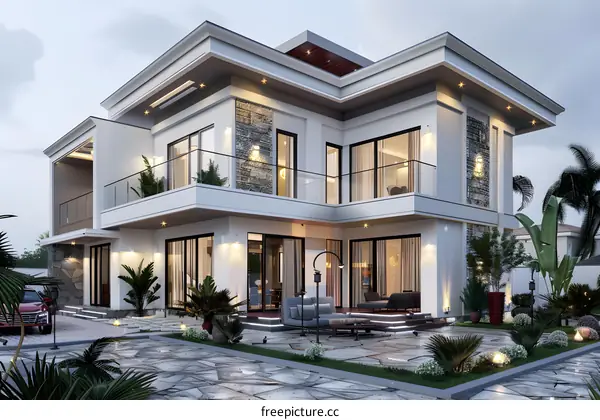 The modern style white three-story villa