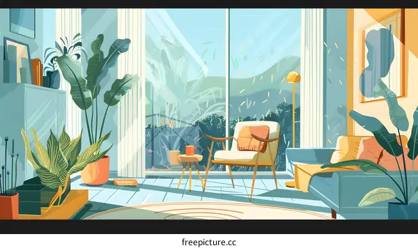 Modern Living Room Illustration With Mountain View