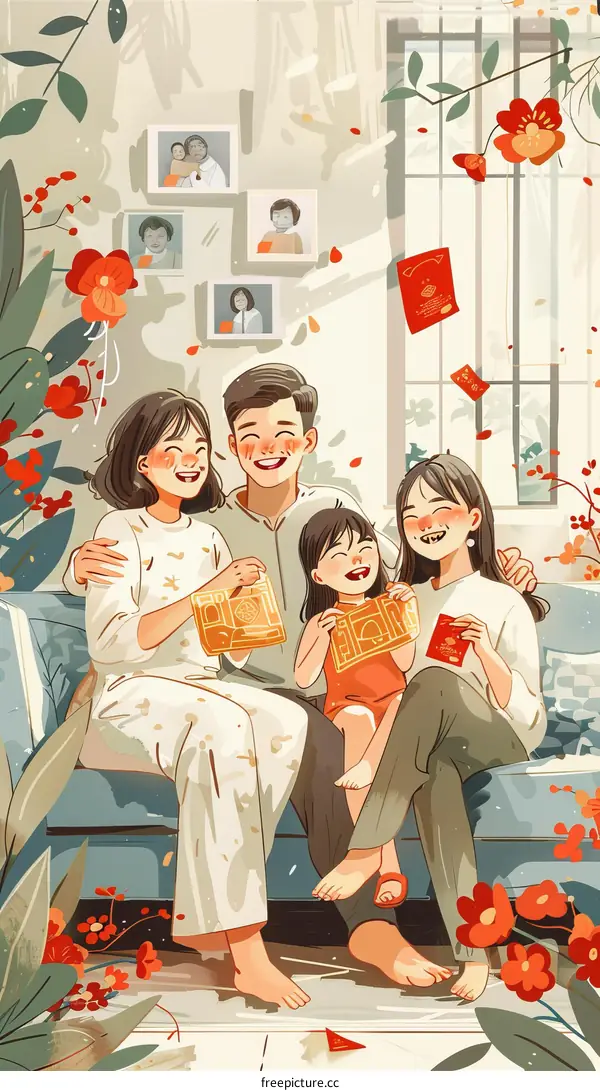 A happy family of four celebrates the new year together