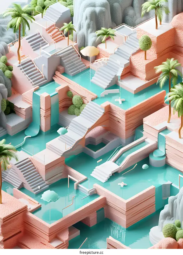 Abstract 3D Illustration of a Surreal Landscape with Pools and Palm Trees