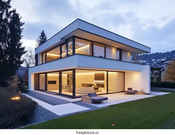 Modern White House With Large Windows And A Patio