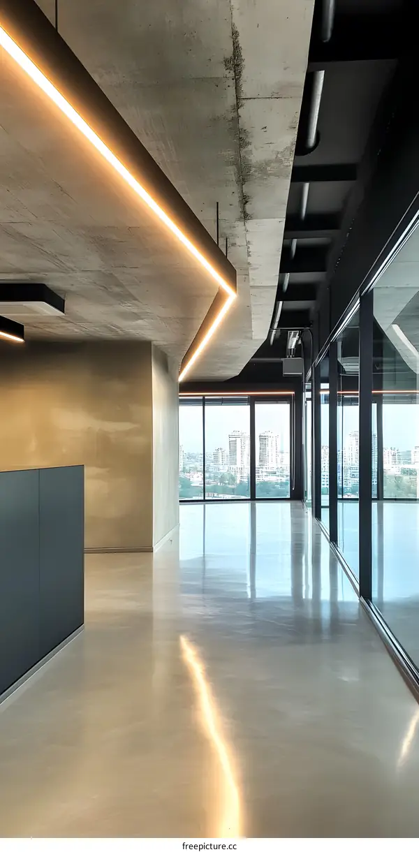 Modern Office Interior Design with Concrete Ceiling and Large Windows