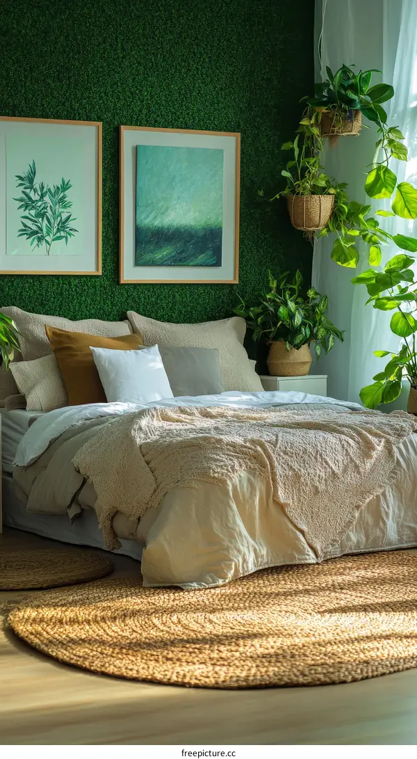 Bedroom with Green Wall Decor and Plants