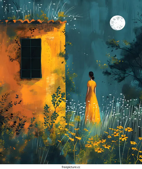 A girl standing in a field of flowers looking at the moon