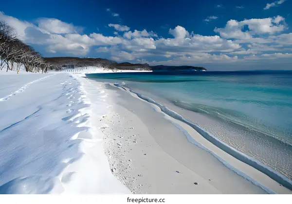Snowy Beach and Turquoise Sea